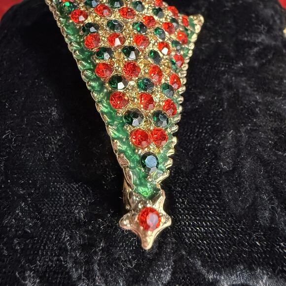 VTG Christmas Tree Pendant Brooch Gold Tone Metal Red Green Rhinestone Enamel 2” - Picture 6 of 12